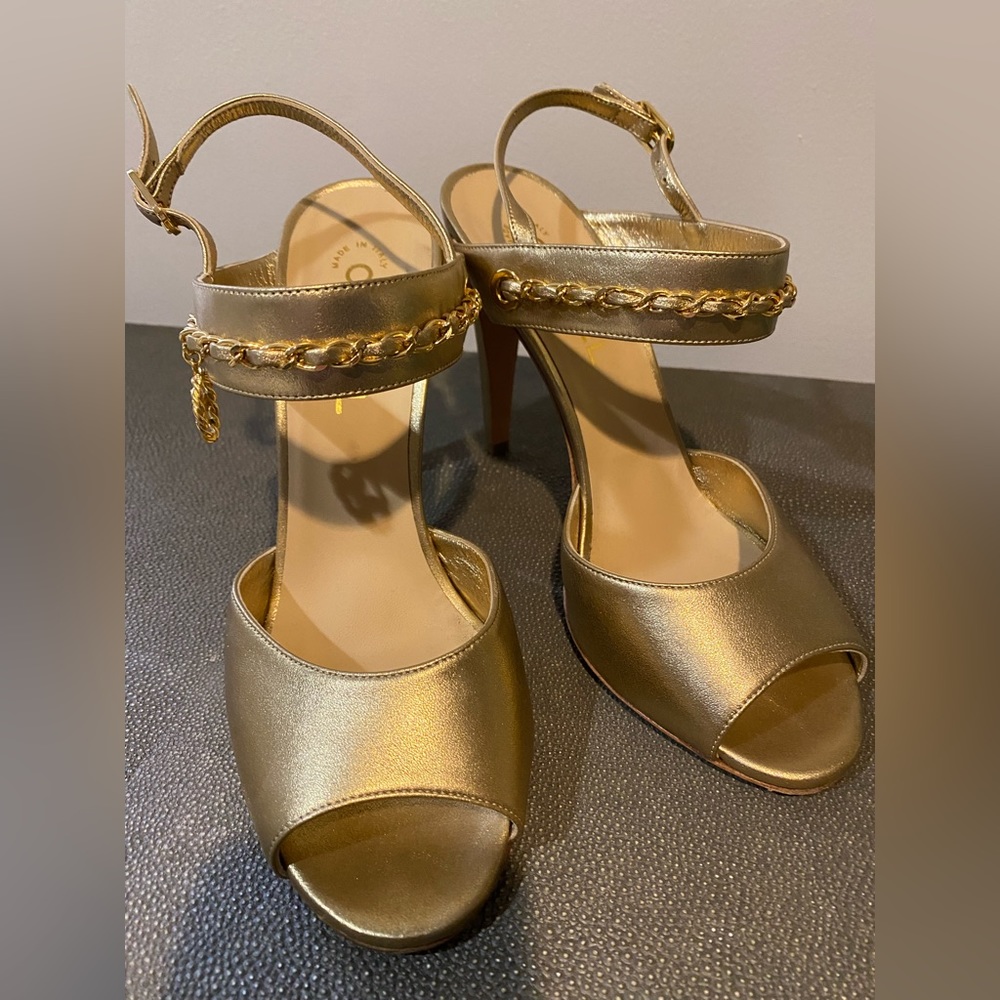 Gold Chanel Heels with Signature Gold chain and charm